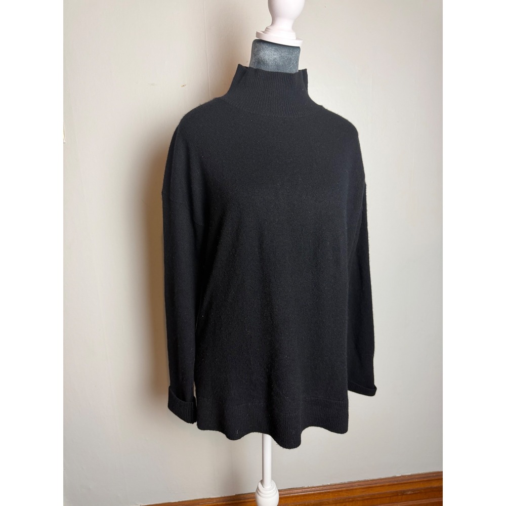 White + Warren Black 100% Cashmere Mock Neck Oversized Sweater quiet luxury boxy